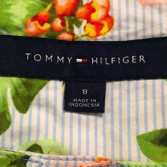 Tommy Hilfiger Blue Pinstripe Floral Print Waist Lace Up Ruffle Hem Midi Skirt - Picture 13 of 14